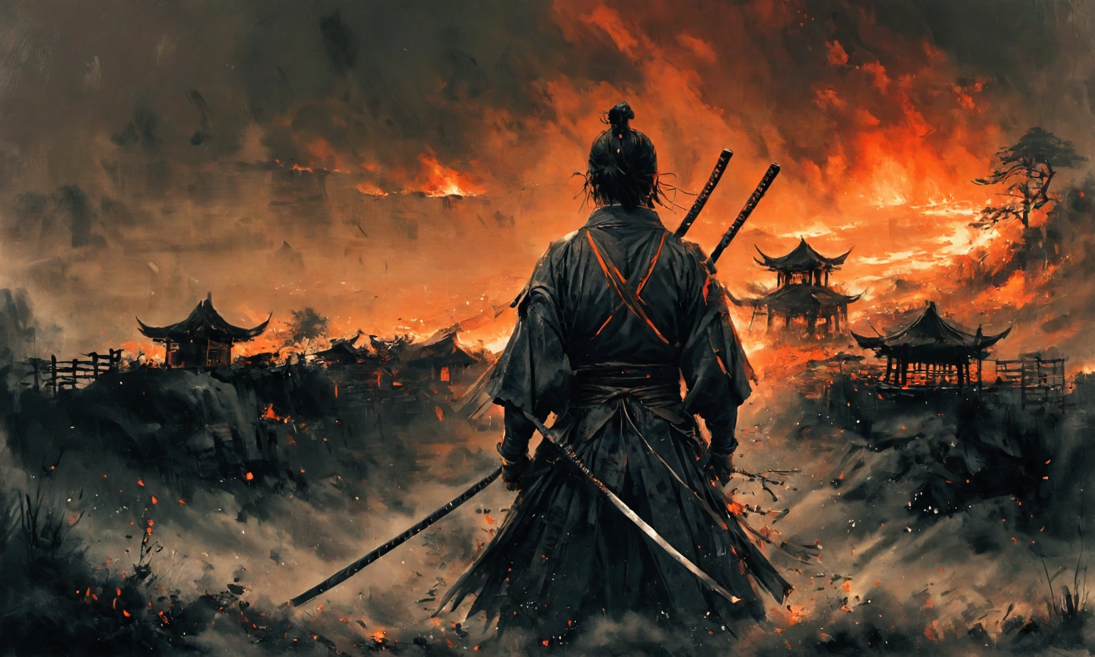 a samurai standing showing his back holding a katana who is going to free the prisoners, in the background there is a village burning and there are some cages where few prople are inside the cage, the atmosphere and the background is scary and dark and the tone is orange