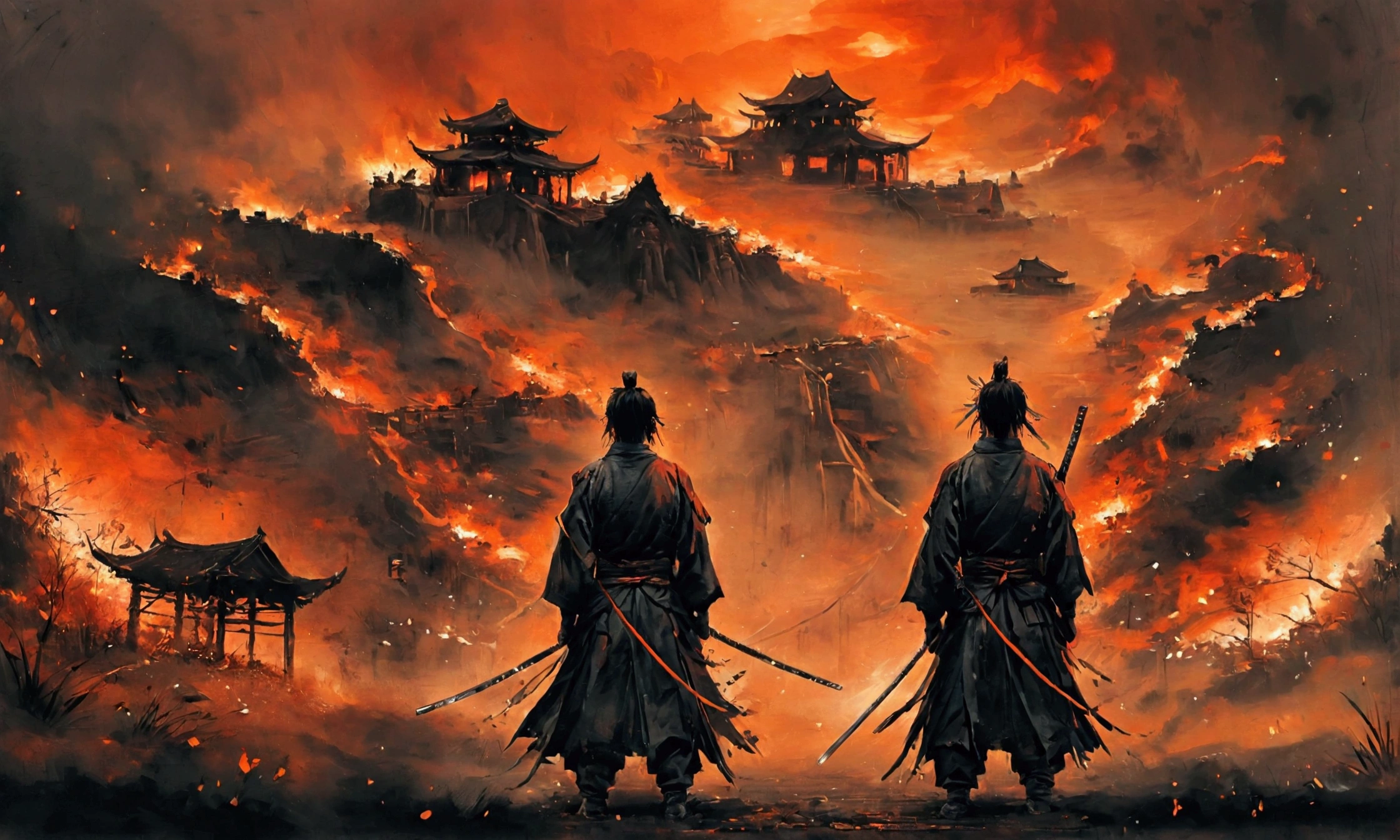 a samurai standing showing his back holding a katana who is going to free the prisoners, in the background there is a village burning and there are some cages where few prople are inside the cage, the atmosphere and the background is scary and dark and the tone is orange