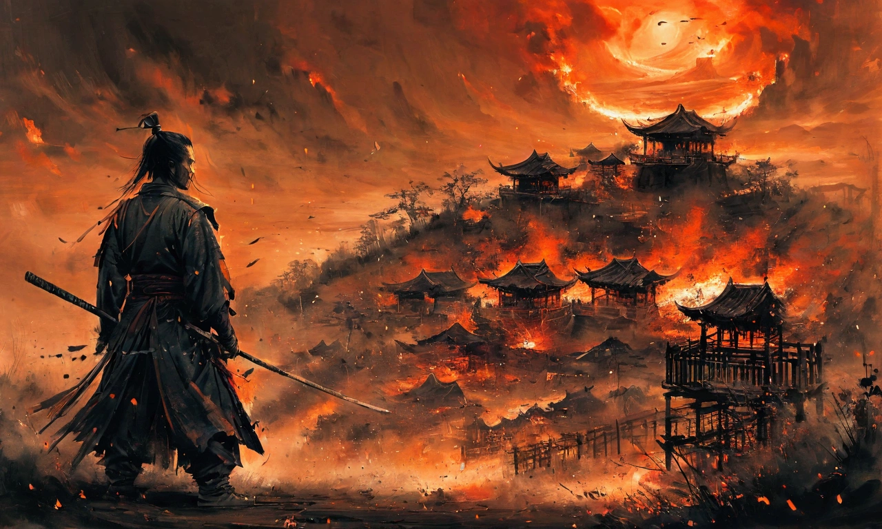 a samurai standing showing his back holding a katana who is going to free the prisoners, in the background there is a village burning and there are some cages where few prople are inside the cage, the atmosphere and the background is scary and dark and the tone is orange