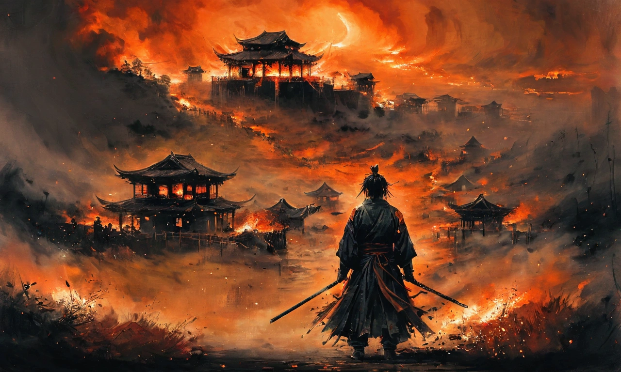 a samurai standing showing his back holding a katana who is going to free the prisoners, in the background there is a village burning and there are some cages where few prople are inside the cage, the atmosphere and the background is scary and dark and the tone is orange