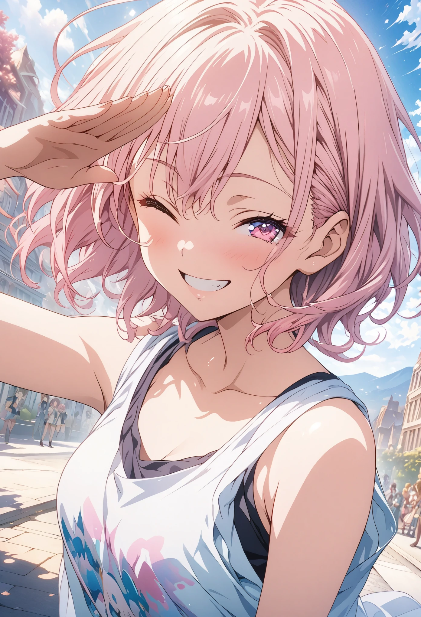 masterpiece, Highest quality, Highly detailed CG Unity 8k wallpaper, High School Girl Anime Illustration. Wear an oversized tank top、Salute、she has her eyes closed and mouth open, smile. The background is a light pastel colored landscape., Pink hair color, Pink eyes