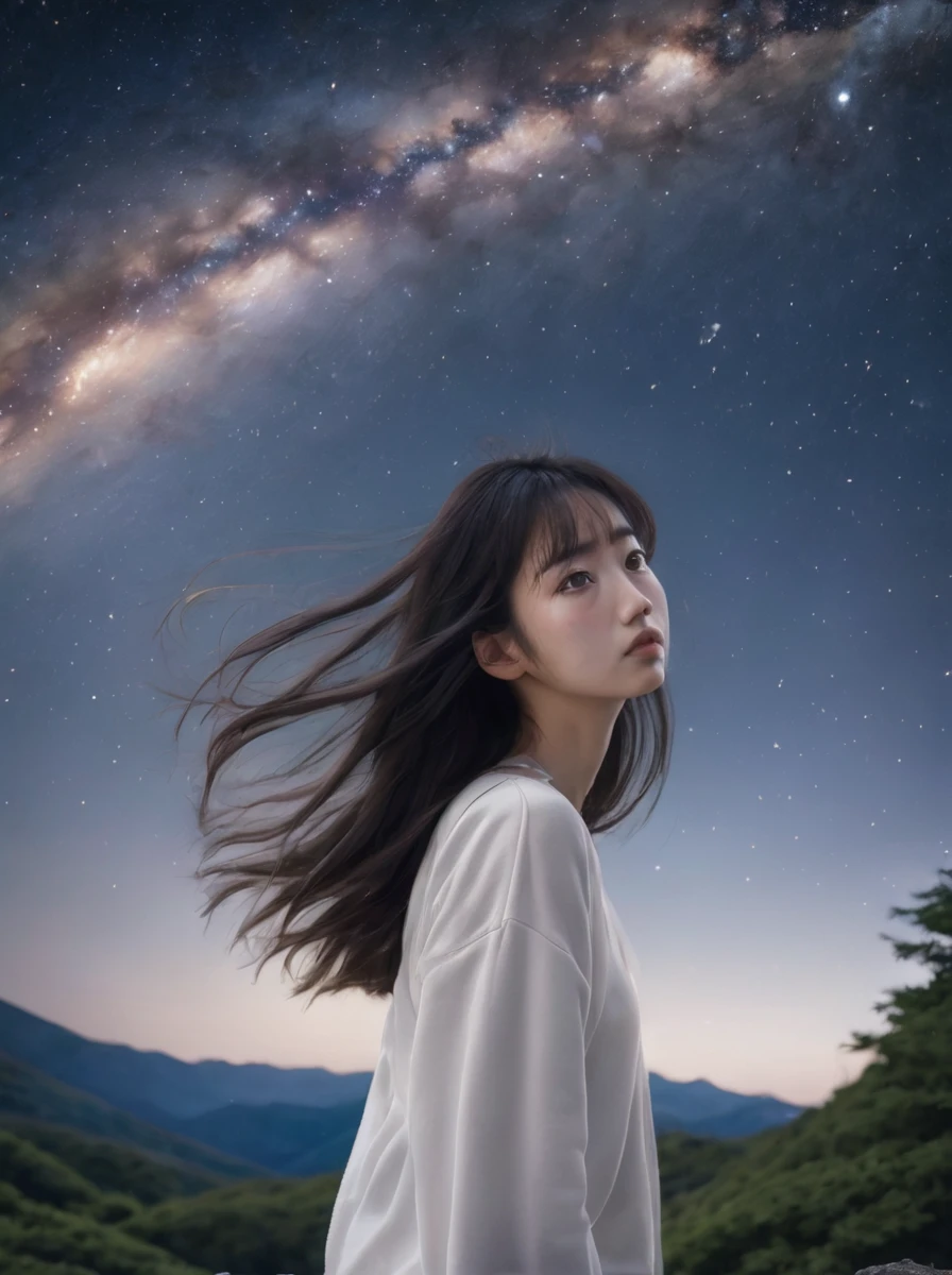 1girl, Japanese_girl,whole body, Above are the stars and the Milky Way,, throw, whole bodyショット, Photorealistic, Soft Shadows, clear stuff gag,No contrast, Clean and sharp focus, Shot on Sony A7IV, Sigma 24mm f1.4, Film Grain, Natural light, Professional Color Grading, Highest quality, masterpiece, High resolution, Absurd, incredibly Absurd, Large file size, wallpaper, colorful,8k,RAW Photos, Beautiful and detailed eyes, Messy Hair, Long Hair, Inverted hair, Hair shines, throw