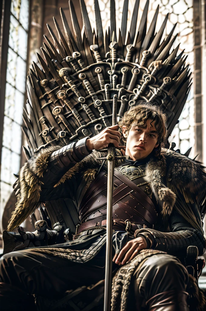 (8k, RAW photo, highly detailed,masterpiece, highest quality),rich colors,high contrast,film still,full shot body photo of the most beautiful artwork in the world,cinematic light,fantasy,highres,(detailed face),
xuer Iron Throne,armor,1boy,weapon,sword,male focus,sitting,throne,black hair,cape,fur trim,blurry,scar,solo,short hair,looking at viewer,helmet,guts \(berserk\),crown,scar on face,
