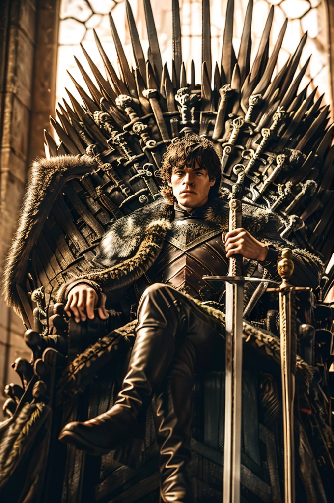 (8k, RAW photo, highly detailed,masterpiece, highest quality),rich colors,high contrast,film still,full shot body photo of the most beautiful artwork in the world,cinematic light,fantasy,highres,(detailed face),
xuer Iron Throne,armor,1boy,weapon,sword,male focus,sitting,throne,black hair,cape,fur trim,blurry,scar,solo,short hair,looking at viewer,helmet,guts \(berserk\),crown,scar on face,
