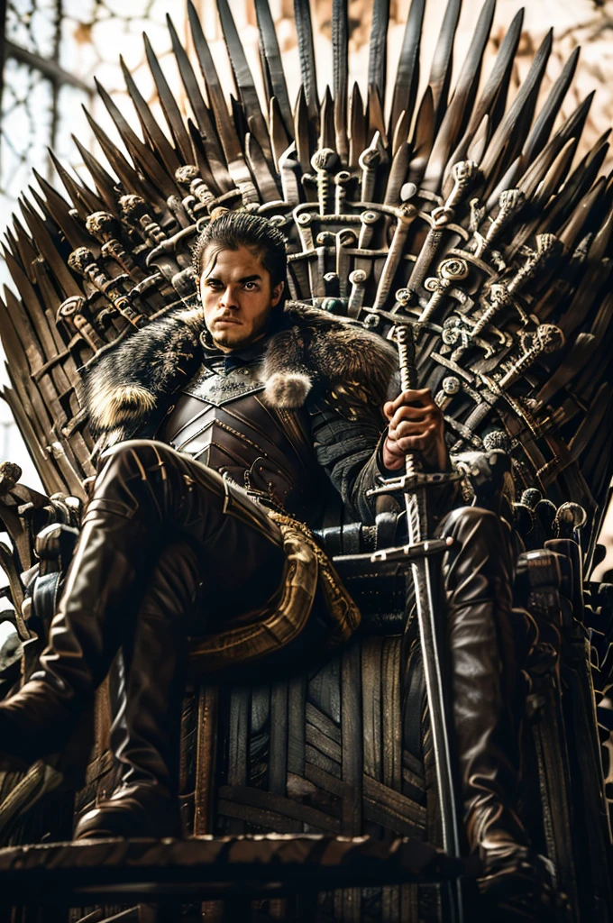 (8k, RAW photo, highly detailed,masterpiece, highest quality),rich colors,high contrast,film still,full shot body photo of the most beautiful artwork in the world,cinematic light,fantasy,highres,(detailed face),
xuer Iron Throne,armor,1boy,weapon,sword,male focus,sitting,throne,black hair,cape,fur trim,blurry,scar,solo,short hair,looking at viewer,helmet,guts \(berserk\),crown,scar on face,
