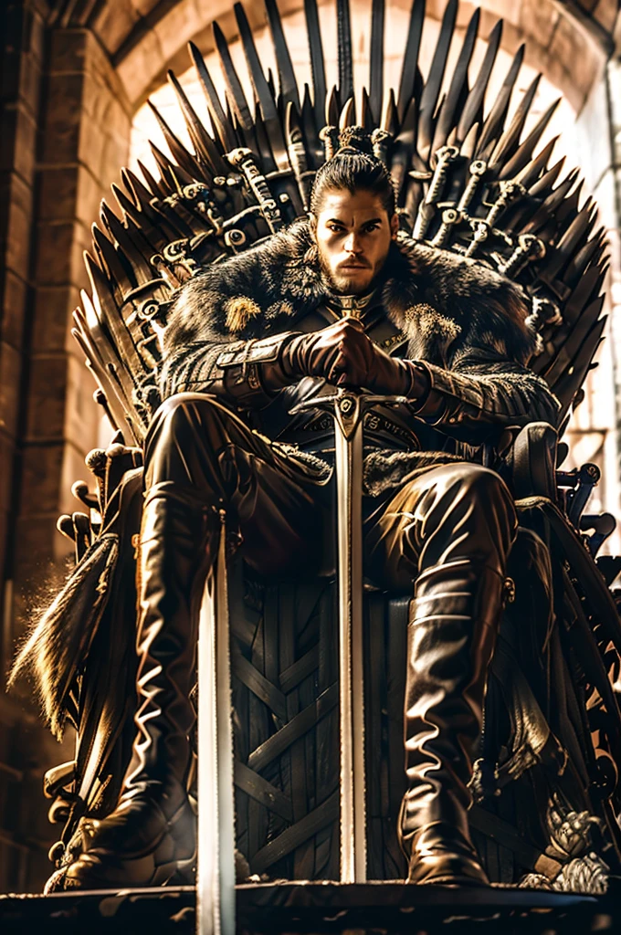 (8k, RAW photo, highly detailed,masterpiece, highest quality),rich colors,high contrast,film still,full shot body photo of the most beautiful artwork in the world,cinematic light,fantasy,highres,(detailed face),
xuer Iron Throne,armor,1boy,weapon,sword,male focus,sitting,throne,black hair,cape,fur trim,blurry,scar,solo,short hair,looking at viewer,helmet,guts \(berserk\),crown,scar on face,
