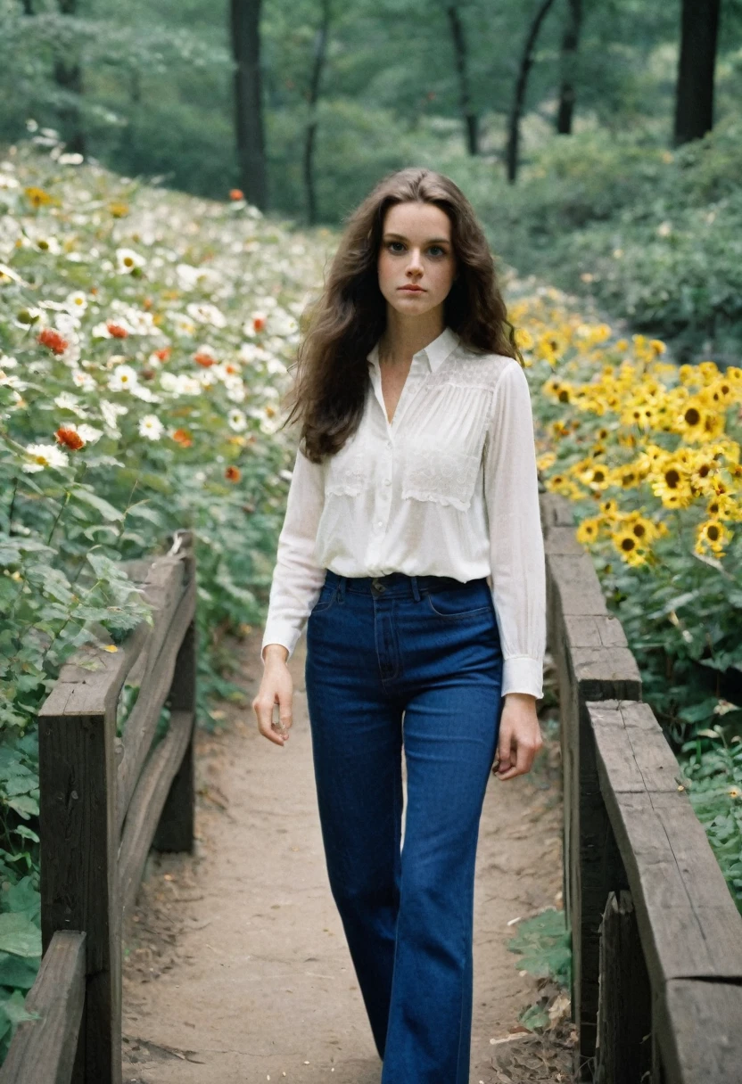 analog analog, grain, (Hyperdetailed Photography:1.2), (flash photography:1.3), Realistic, Imperfect, an incredibly cute (young:1.3) English girl called Brittany2, angelic face, (big eyes:1.1), (freckles in face:0.8), long dark-black feathered hair, blue detailed eyes, skinny, (large natural breasts:1.15), (linnen pants), (simple white blouse), stepping on the sloped path with flowers and wooden fence at Central Park in NYC, 1970s
