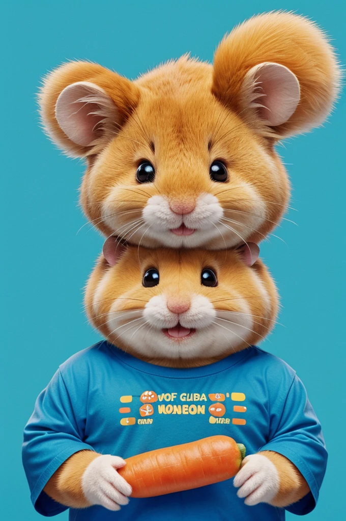 A cartoon hamster with golden fur, rounded cheeks and a friendly smile. He is wearing a small blue t-shirt and is in a funny pose, maybe holding a carrot."
