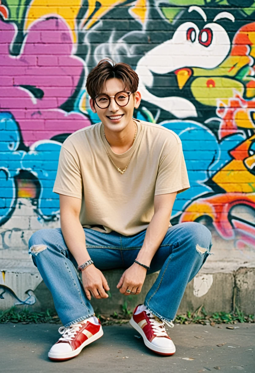 A portrait photo of a gorgeous young French-Japanese man, handsome K-pop idols face, still from the film, ((solo)), (Ji Chang Wook look alike face: 0.9), He is 40 years old, 176 cm tall, smiling, with Buzz cut hair in black. He has electric brown eyes and is wearing a beige t-shirt, ripped jeans, and red sneakers. He has multiple tattoos (a dragon on his arm, a phoenix on his neck) and various piercings, (eye, nose, and ears). He is also wearing large eyeglasses. The background colorful graffiti, with vibrant colors and striking features, Leica SL3, Summicron-SL 75 f/2 ASPH, kodak gold 200 film,