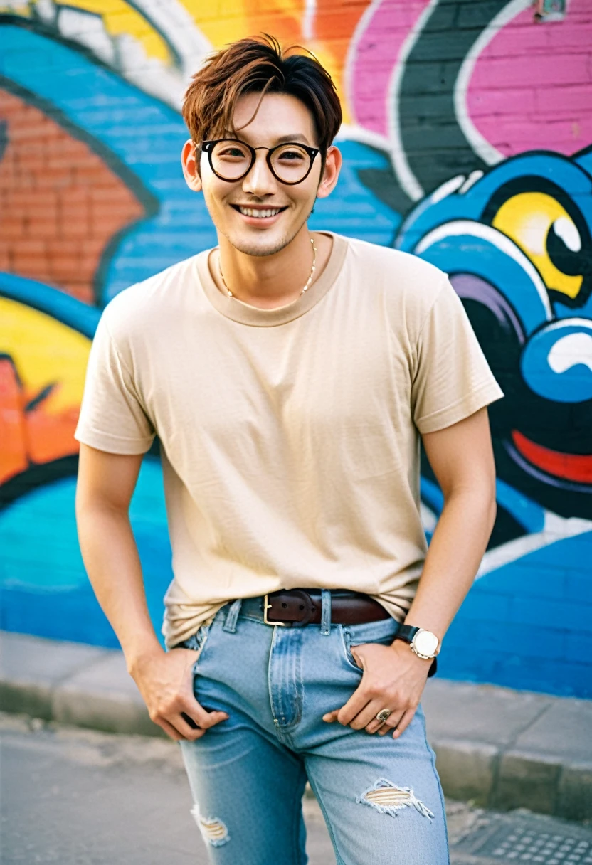 A portrait photo of a gorgeous young French-Japanese man, handsome K-pop idols face, still from the film, ((solo)), (Ji Chang Wook look alike face: 0.9), He is 40 years old, 176 cm tall, smiling, with Buzz cut hair in black. He has electric brown eyes and is wearing a beige t-shirt, ripped jeans, and red sneakers. He has multiple tattoos (a dragon on his arm, a phoenix on his neck) and various piercings, (eye, nose, and ears). He is also wearing large eyeglasses. The background colorful graffiti, with vibrant colors and striking features, Leica SL3, Summicron-SL 75 f/2 ASPH, kodak gold 200 film,