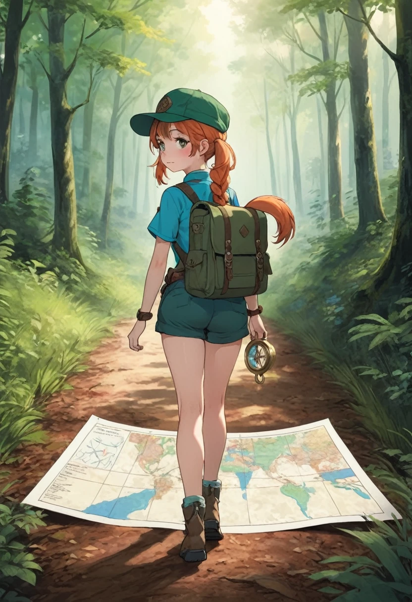 (girl, Double tail), the scene mainly depicts a girl wearing an adventure hat. Her ponytails dangled from the sides of her hat., She was walking along the forest path, Hands holding map and compass. The background is a green forest, whole body, (photography, RAW photos), panoramic, The award-winning, Stills, emotion, Vignette, Dynamic, vivid, (masterpiece, best quality, professional, Perfect composition, very aesthetic, absurd, Extremely detailed, Intricate details:1.3)