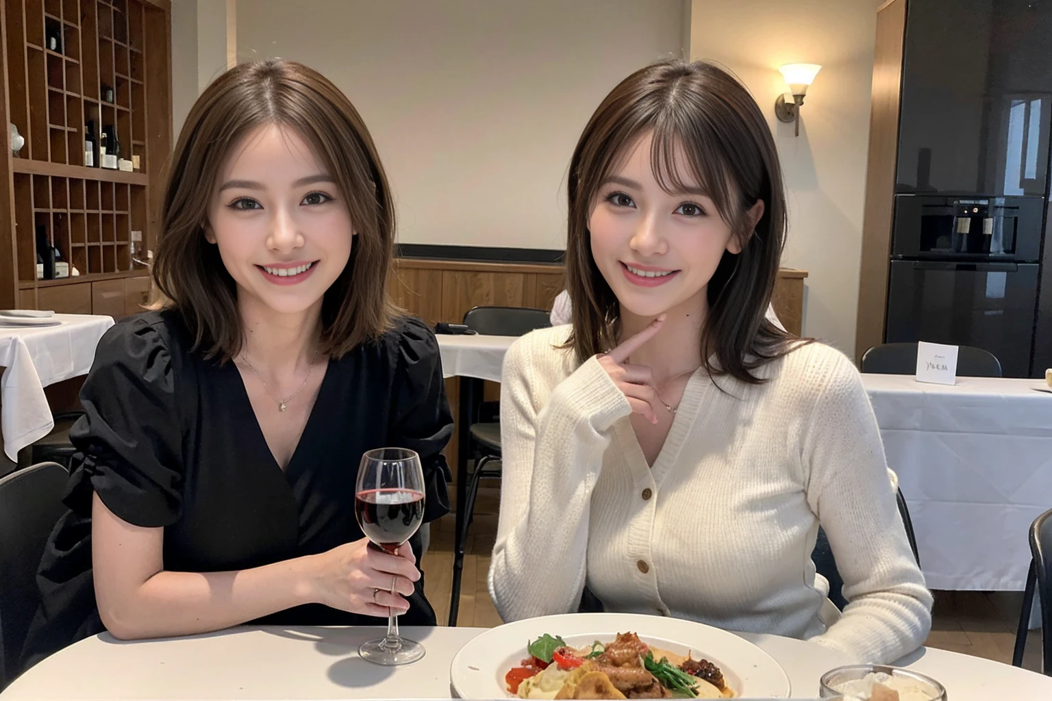 (Realistic:1.1),(masterpiece,Highest quality),8k,(40 years old), 42 years old, slimカップル、Model Couple、actress/actor、Tight waist,Upper Body,full-course dinner、wine 、Amazing view of the sunset sky and clouds、Perfect Anatomy, Brown Hair, short hair,Random Hairstyles,((Highly detailed face and eyes:1.2))(cute顔:1.4),美しいactressの顔,Perfect golden ratio face,Long sleeve shirt、dress,(smile:1.2)、Shortcuts、cute、(Realistic, Intricate details:1.2), A bright smile、short hair,Bright Face、赤wine 、Appetizers、Italian food、wine bottle、Champagne、スパークリングwine、(slimな顔), (The body is slim), (Brown Hair), (Shortcuts), Upper Body, 白wine, slim, wineグラス,