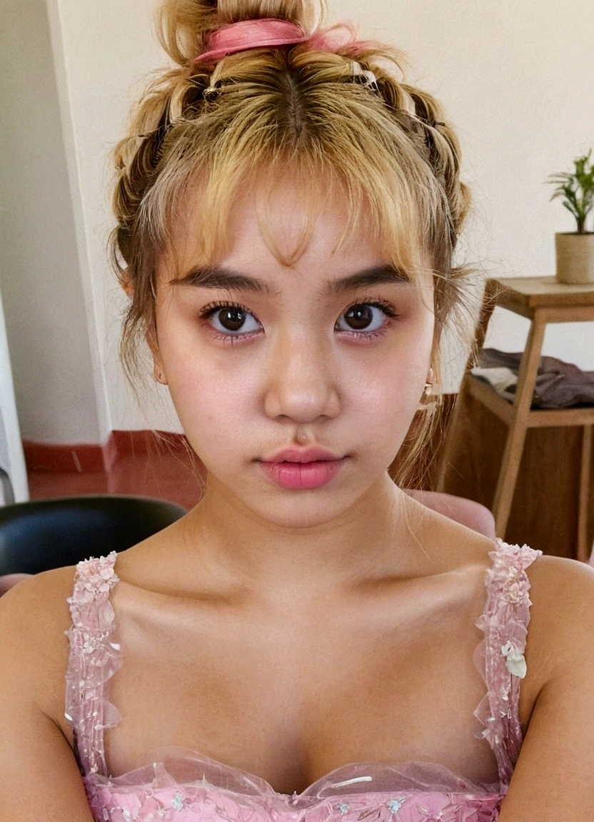 blonde woman with a messy bun in a pink dress, 18 years old,  19 years old, blonde hair and large eyes, lalisa manobal, face perfect ), 1 6 years old, 22 years old, 🤤 portrait of , no-makeup, she is about 2 0 years old, ela tem cerca de 20 anos