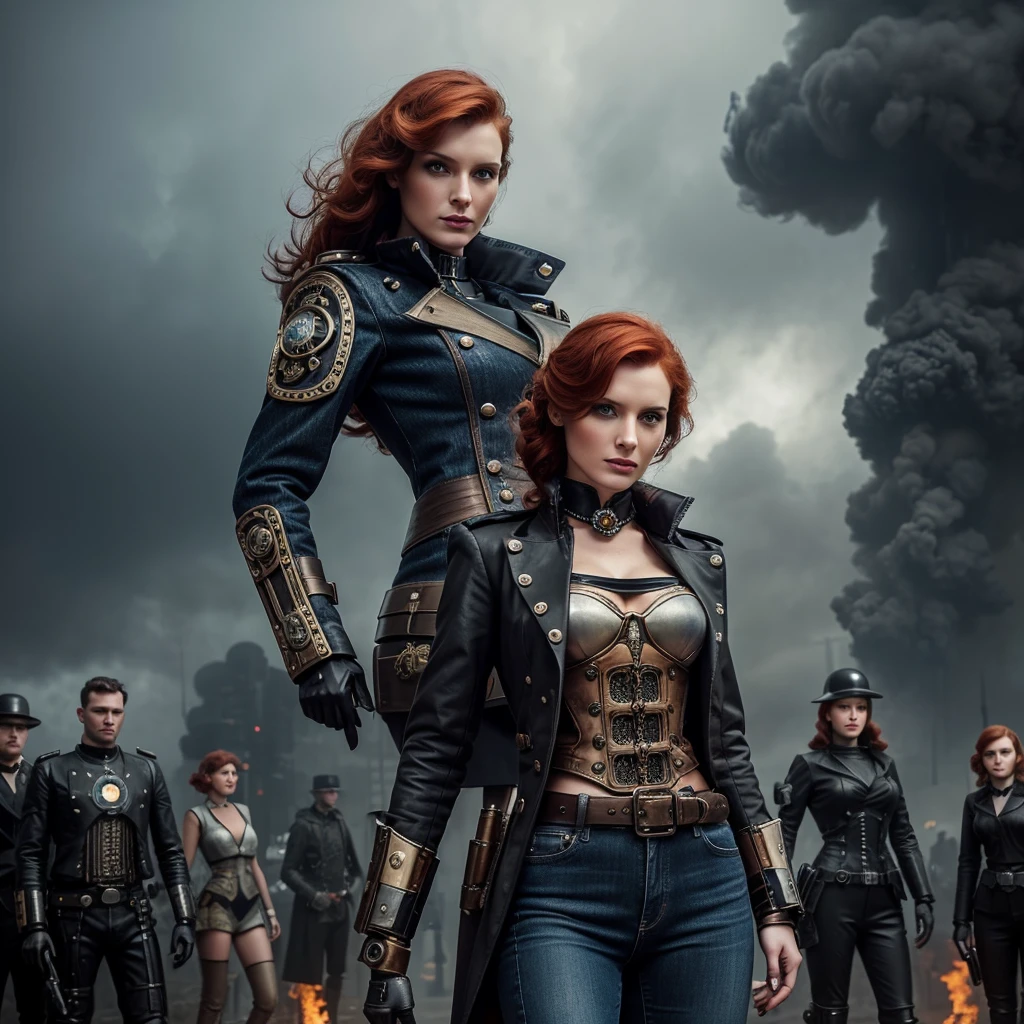 There is a woman standing in front of a group of robots, steampunk male portrait, Composition, beautiful android woman, stormy and grand war scene, inspired by hanni from new jeans , a dieselpunk black policewoman, redhead woman, girl in suit, intricate fashion clothing, Beautiful female soldier  