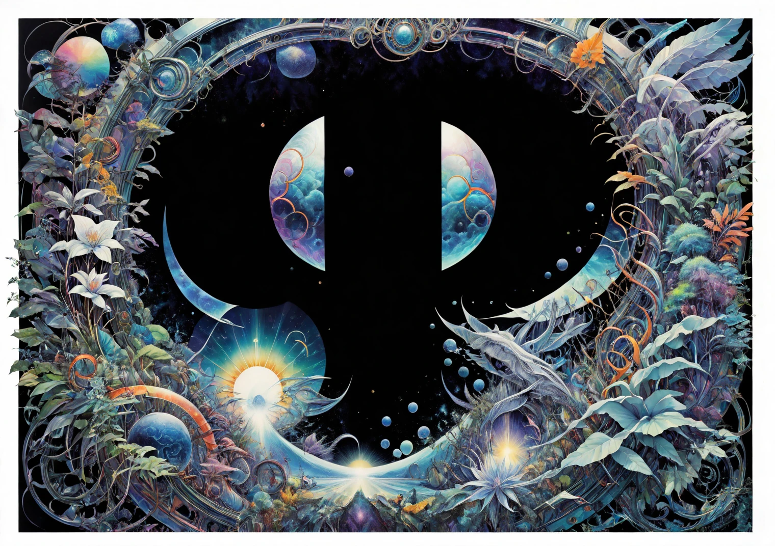 Close-up of a colorful image of the QP symbol in a futuristic style in the form of ((fantastic fresco)) surrounded by ((unearthly fantastic fauna)), (fantastic fauna):1.4, (fresco):1.3, (futurism):1.5, (save the original image):1.5, (color the white background of the image with fantastic colors):1.4 and (add fantastic futuristic ornaments):1.5, ((adapt the image)) under the style (Hans Giger):1.6, (full compliance with the style of Hans Giger):1.7, (Biomechanics):1.7, (fantastic alien biomechanics):1.6