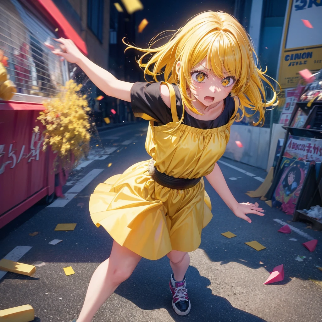 Create an anime-style image of a clumsy and naturally awkward girl with bright yellow hair. She should be wearing a cute, casual yellow outfit, such as a dress or a top with a skirt. Depict her in a moment where she is tripping or stumbling, showing a panicked and embarrassed expression. Her hair is styled in a playful, slightly messy fashion. The background should be lively and fun, with bright colors and dynamic elements that emphasize her clumsiness. Add small, amusing details around her, like scattered items she has knocked over, to enhance the playful and whimsical atmosphere. Make sure the overall image is vibrant and engaging, suitable for use as a thumbnail.