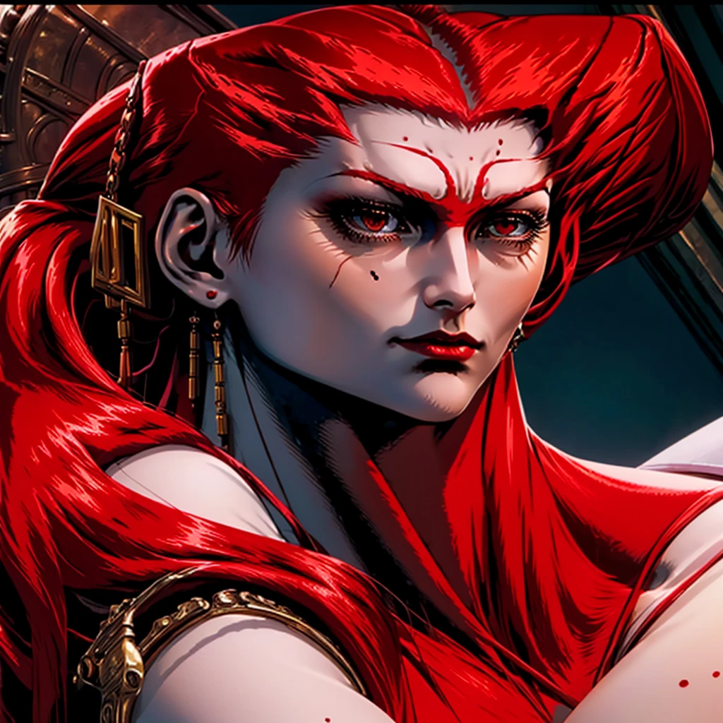 Naked,large breasts,looking at her side profile,beautiful face,bloody,red skin,rising from her tomb,long red hair,slender body