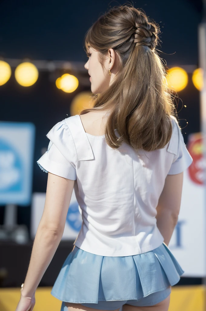 (((best quality))),(((ultra detailed))),(((masterpiece))),illustration,((a beautiful girl,solo)),(shoulder length straight hair:1.2),((slim,thin)),((bare back,towering hips,butt crack)),(blue short-sleeved white shirt:1.5),(blue mini-skirt:1.3),(slender legs:1.2),(sneakers:1.3),(standing:1.3),(on the stage:1.3),((outside a shopping mall, at the entrance of a beer promotional event)),((surrounded by crowded crowds)),((hair and skirt fluttering in the air)),expressive eyes,infectious smile,the stage adorned with colorful decorations,vibrant atmosphere,(night scene:1.3),(from back:1.3),(upper body:1.3),