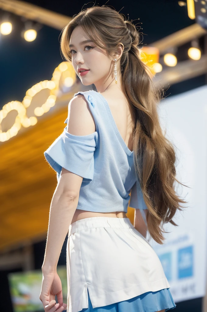 (((best quality))),(((ultra detailed))),(((masterpiece))),illustration,((a beautiful girl,solo)),(shoulder length straight hair:1.2),((slim,thin)),((bare back,towering hips,butt crack)),(blue short-sleeved white shirt:1.5),(blue mini-skirt:1.3),(slender legs:1.2),(sneakers:1.3),(standing:1.3),(on the stage:1.3),((outside a shopping mall, at the entrance of a beer promotional event)),((surrounded by crowded crowds)),((hair and skirt fluttering in the air)),expressive eyes,infectious smile,the stage adorned with colorful decorations,vibrant atmosphere,(night scene:1.3),(from back:1.3),(upper body:1.3),