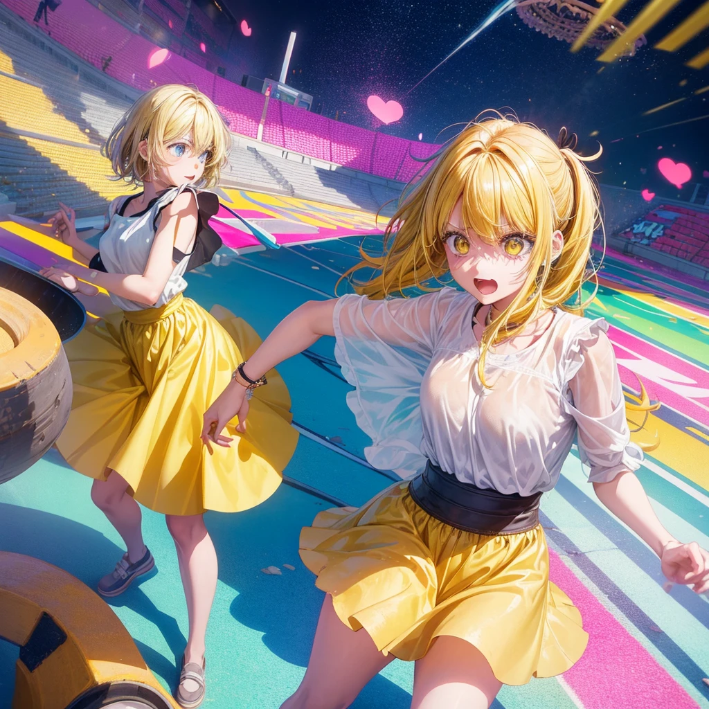 Create an anime-style image of a clumsy and naturally awkward girl with bright yellow hair. She should be wearing a cute, casual yellow outfit, such as a dress or a top with a skirt. Depict her in a moment where she is tripping or stumbling, showing a panicked and embarrassed expression. Her hair is styled in a playful, slightly messy fashion. The background should be lively and fun, with bright colors and dynamic elements that emphasize her clumsiness. Add small, amusing details around her, like scattered items she has knocked over, to enhance the playful and whimsical atmosphere. Make sure the overall image is vibrant and engaging, suitable for use as a thumbnail.