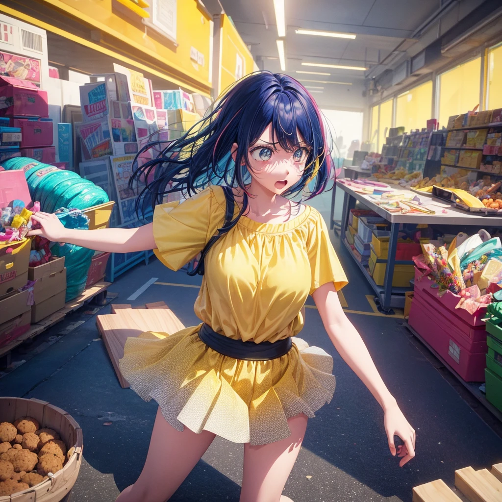 Create an anime-style image of a clumsy and naturally awkward girl with bright yellow hair. She should be wearing a cute, casual yellow outfit, such as a dress or a top with a skirt. Depict her in a moment where she is tripping or stumbling, showing a panicked and embarrassed expression. Her hair is styled in a playful, slightly messy fashion. The background should be lively and fun, with bright colors and dynamic elements that emphasize her clumsiness. Add small, amusing details around her, like scattered items she has knocked over, to enhance the playful and whimsical atmosphere. Make sure the overall image is vibrant and engaging, suitable for use as a thumbnail.