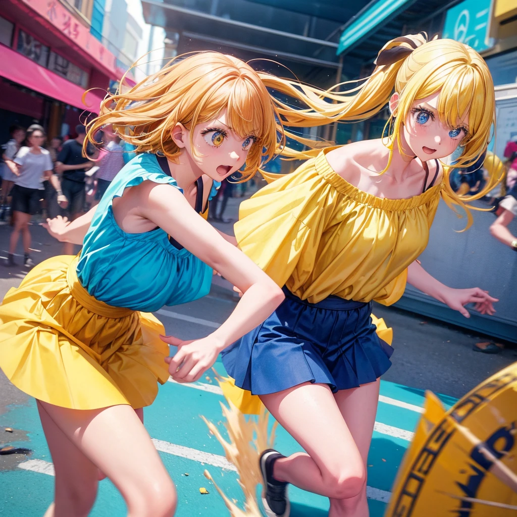 Create an anime-style image of a clumsy and naturally awkward girl with bright yellow hair. She should be wearing a cute, casual yellow outfit, such as a dress or a top with a skirt. Depict her in a moment where she is tripping or stumbling, showing a panicked and embarrassed expression. Her hair is styled in a playful, slightly messy fashion. The background should be lively and fun, with bright colors and dynamic elements that emphasize her clumsiness. Add small, amusing details around her, like scattered items she has knocked over, to enhance the playful and whimsical atmosphere. Make sure the overall image is vibrant and engaging, suitable for use as a thumbnail.