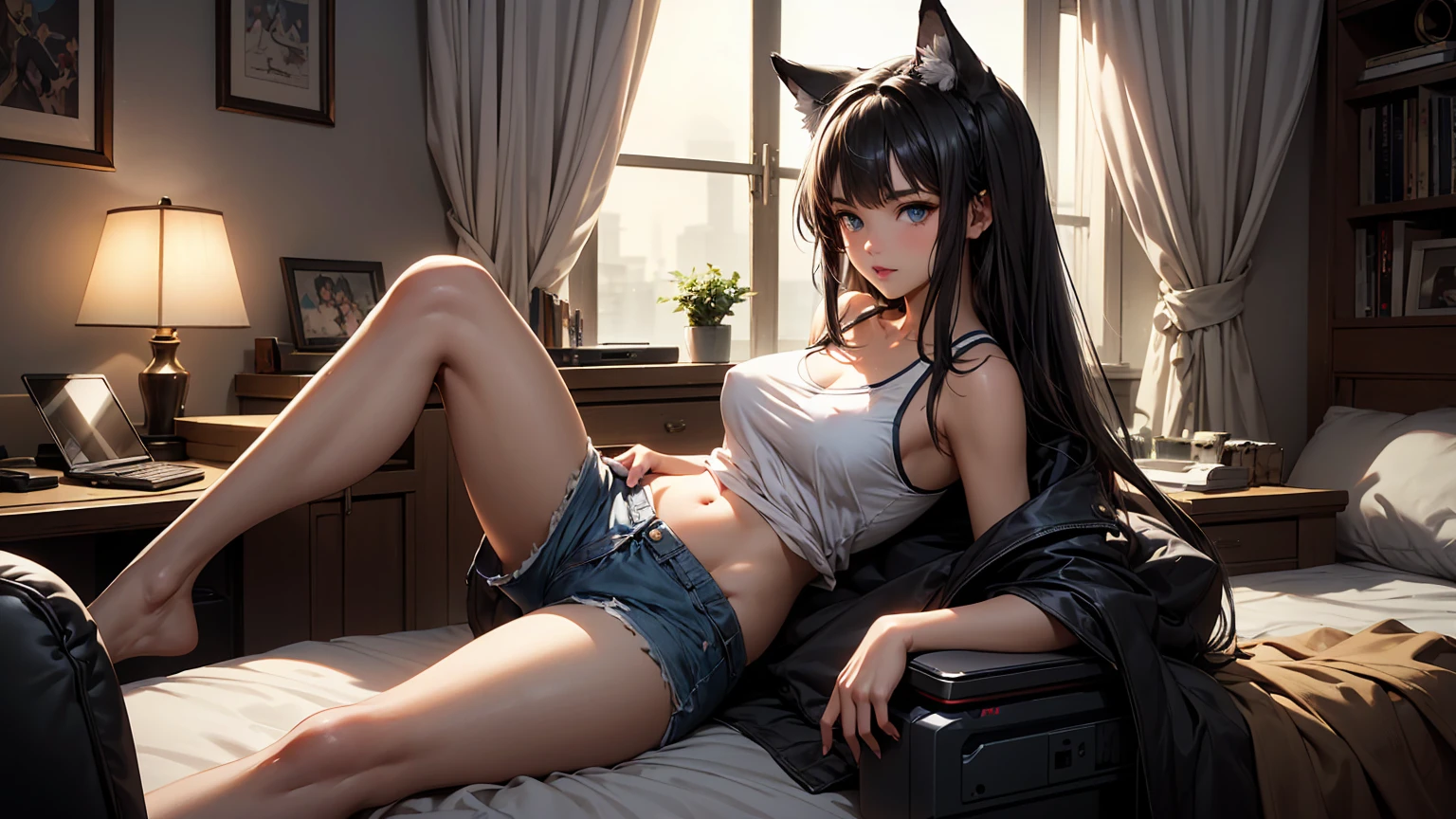 Create a high-quality image of a stunning 18-year-old wolf girl with tan skin. She has long silverish hair and captivating blue eyes, wearing a see-through tank top that shows her midriff barely covers her and tight sleep shorts. She is sitting on the edge of her bed in a dimly lit, modern room with the window open, letting in a gentle night breeze. Her posture is alluring, with one leg bent up and the other stretched out, facing the camera seductively. The room is decorated with modern nerdy items, showcasing her love for video games and anime, including a high-end gaming PC, sleek gaming desk, ergonomic gaming chair, and the latest gaming console, as well as stylish anime posters and figurines. The overall ambiance is cozy and intimate, with intricate details enhancing the high-quality visual artistry.