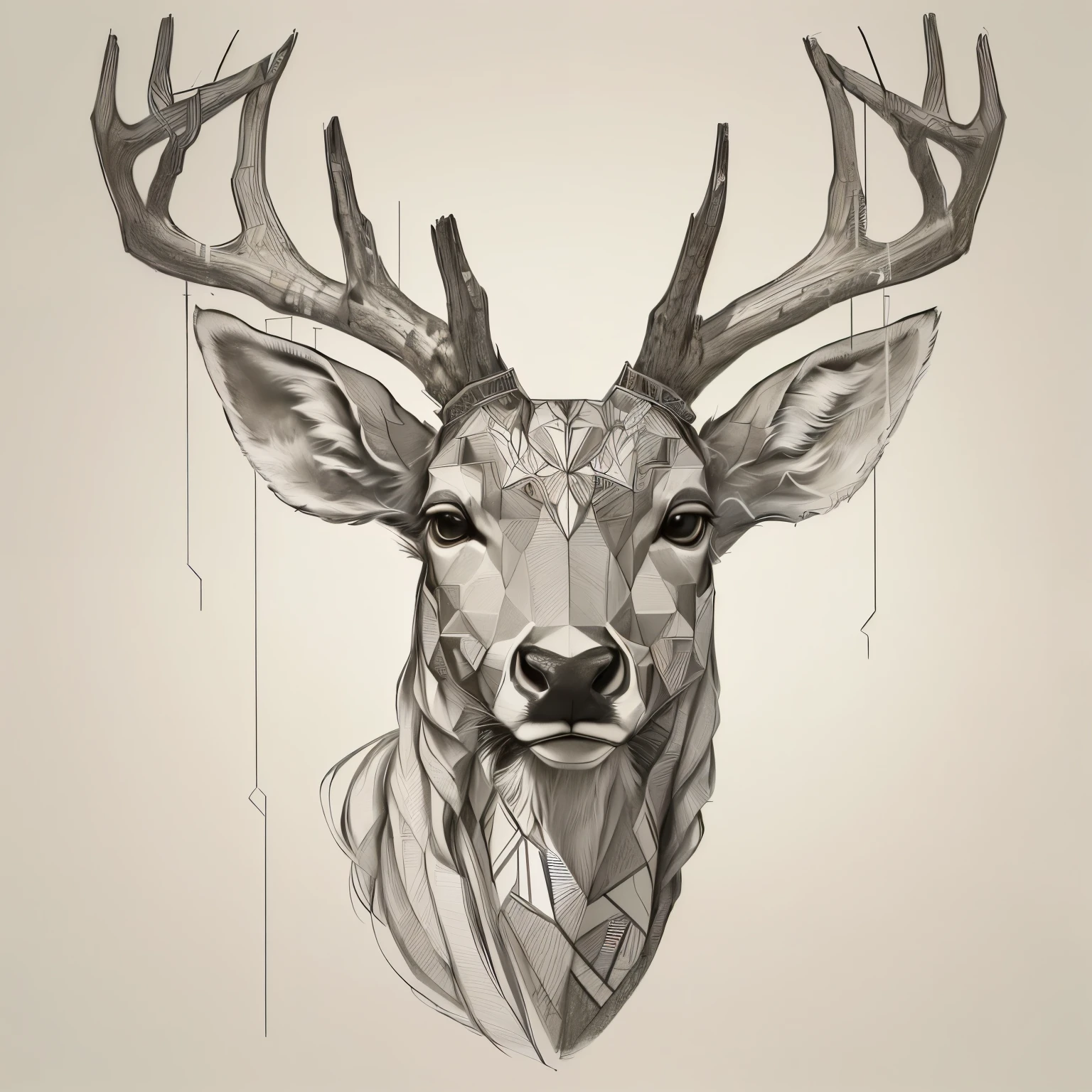 a drawing of a deer head with geometric lines, deer portrait, thin antlers, anthropomorphic deer, illustrations of animals, geometrically realistic, by Karel Štěch, deer ears, by Adam Marczyński, short antlers, deer, an anthropomorphic deer, by Galen Dara, animal drawing