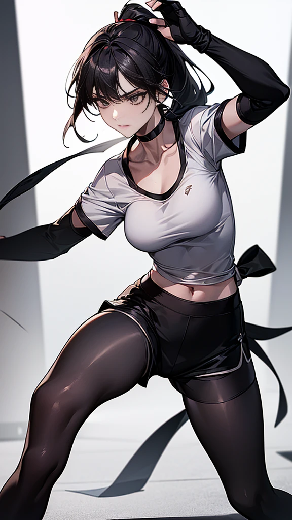 ((Highest quality)), ((masterpiece)), (detailed) {{{Slender female martial arts instructor}}} Shorts {{Décolletage}} {{White short-sleeved T-shirt with long length}} Mature Woman ((Combat Stance)) Long fingerless gloves Black tights {{Inside the dojo}} Black Hair Long-haired ponytail ((Leggings with integrated shorts)) clavicle choker