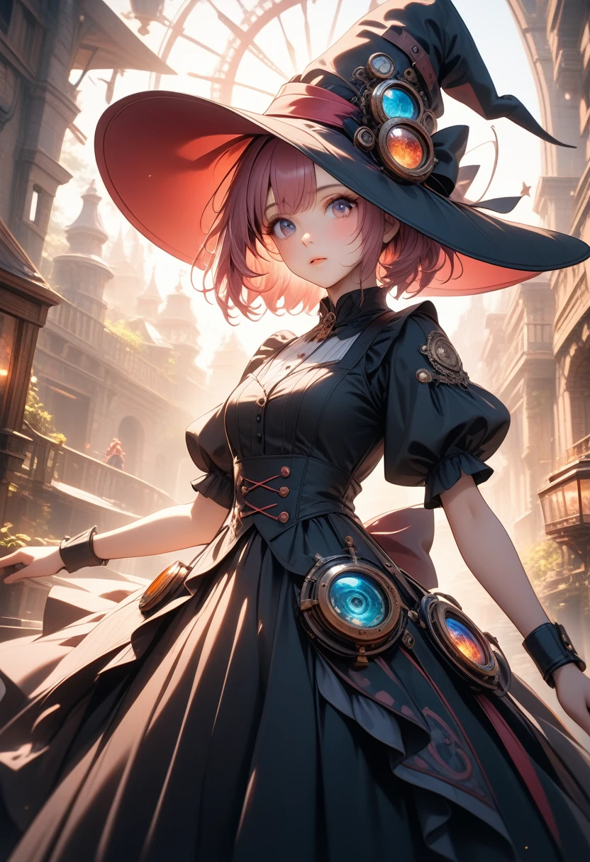1girl, pink short hair girl, witch hat, gorgeous light and shadow, dress, Magical, Steampunk, ultra detailed background, illustration, vibrant colors, intricate details, 8k wallpaper, (Depth of field, cinematic angle, cinematic lighting:1.2), (masterpiece:1.2), (best quality:1.2), (very aesthetic:1.2), (absurdres:1.2), newest, intricate, ai-generated.