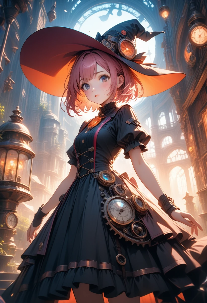 1girl, pink short hair girl, witch hat, gorgeous light and shadow, dress, Magical, Steampunk, ultra detailed background, illustration, vibrant colors, intricate details, 8k wallpaper, (Depth of field, cinematic angle, cinematic lighting:1.2), (masterpiece:1.2), (best quality:1.2), (very aesthetic:1.2), (absurdres:1.2), newest, intricate, ai-generated.