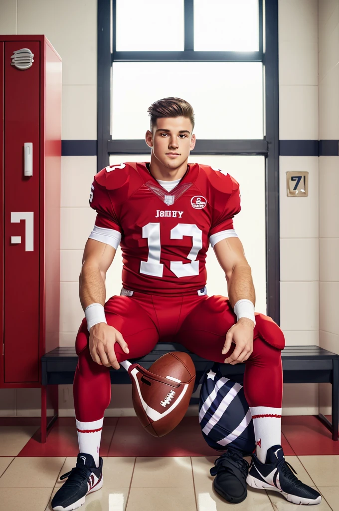 locker room, lockers in the background, sitting on a bench, slight smile, jmh is an (American football player), wearing (football uniform), (red jersey:1.2), jersey number 10, (red football pants), (white socks), (black sneakers), (((full body portrait))), wide angle 