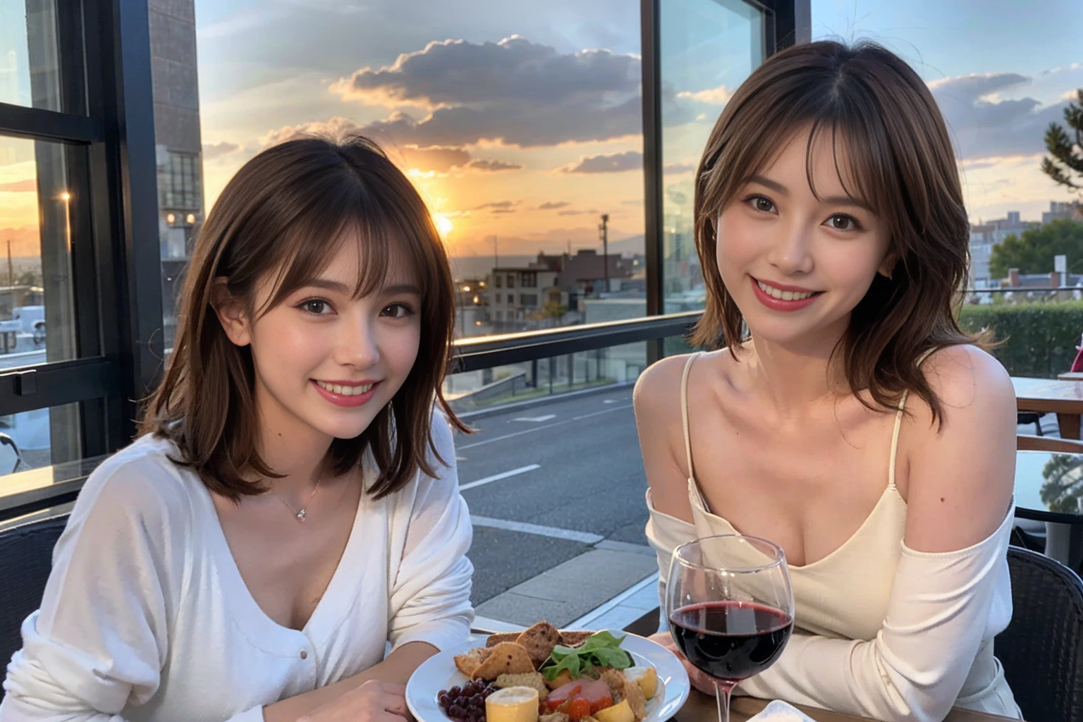 (Realistic:1.1),(masterpiece,Highest quality),8k,(44 years old), 42 years old, slimカップル、Model Couple、actress/actor、Tight waist,Upper Body,full-course dinner、wine 、Amazing view of the sunset sky and clouds、Perfect Anatomy, Brown Hair, short hair,Random Hairstyles,((Highly detailed face and eyes:1.2))(cute顔:1.4),美しいactressの顔,Perfect golden ratio face,Long sleeve shirt、dress,(smile:1.2)、Shortcuts、cute、(Realistic, Intricate details:1.2), A bright smile、short hair,Bright Face、赤wine 、Appetizers、Italian food、wine bottle、Champagne、スパークリングwine、(slimな顔), (The body is slim), (Brown Hair), (Shortcuts), Upper Body, 白wine, slim, wineグラス,