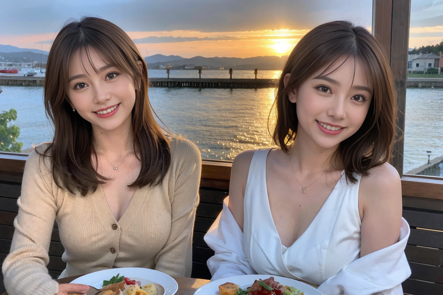 (Realistic:1.1),(masterpiece,Highest quality),8k,(44 years old), 42 years old, slimカップル、Model Couple、actress/actor、Tight waist,Upper Body,full-course dinner、wine 、Amazing view of the sunset sky and clouds、Perfect Anatomy, Brown Hair, short hair,Random Hairstyles,((Highly detailed face and eyes:1.2))(cute顔:1.4),美しいactressの顔,Perfect golden ratio face,Long sleeve shirt、dress,(smile:1.2)、Shortcuts、cute、(Realistic, Intricate details:1.2), A bright smile、short hair,Bright Face、赤wine 、Appetizers、Italian food、wine bottle、Champagne、スパークリングwine、(slimな顔), (The body is slim), (Brown Hair), (Shortcuts), Upper Body, 白wine, slim, wineグラス,