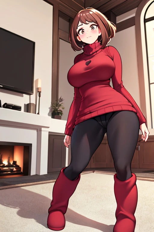 (extremely detailed CG unity 4k wallpaper),(masterpiece),(best quality),(ultra-detailed),(best illustration),(best shadow),(absurdres),(detailed background), 1girl, solo, Imagine Ochaco Uraraka being a 45 year old mother, MILF, brown hair, brown eyes, blush stickers, short hair, Mature Face, brown hair, brown eyes, blush stickers, short hair, medium breasts, curvy female, thick thighs, voluptuous female,((Wearing: red turtle-neck sweater, black leggings and ugg boots)), indoors, detailed background, living room, wide shot, (Standing:1.2)
