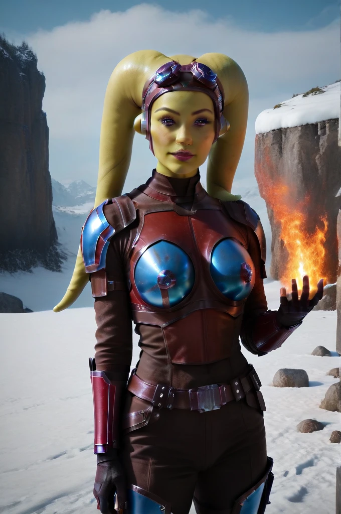 a ((fall body)) (((hera syndulla))) ((green skin ))
 ((female twi'lek ))mandalorian,walking on snow fire, beautiful detailed eyes, beautiful detailed lips, extremely detailed face, long eyelashes, mandalorian armor, sci-fi, cinematic lighting, dramatic, epic, intricate details, hyper-realistic, 8k, high-quality, photorealistic
