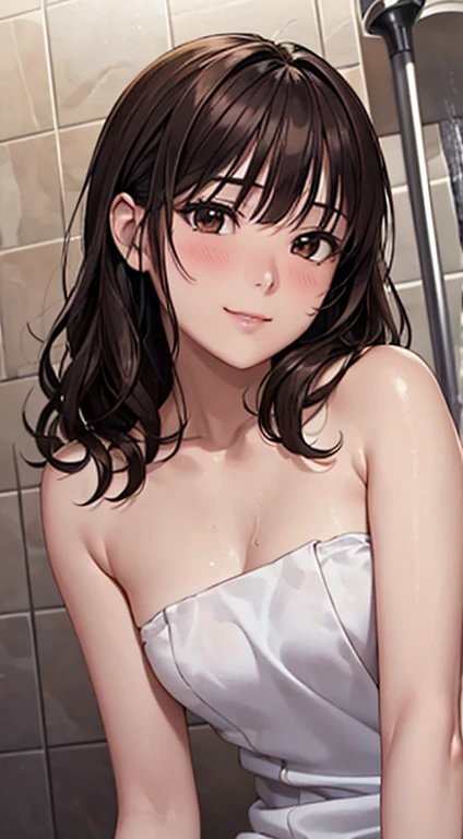(Tabletop, Highest quality, High resolution, , Pixel perfect, 4K,), 1 girl, single, alone, Beautiful woman、I could see the whole body、 ((Wavy mid-length hair, bangs, Brown Hair)), ((Brown eyes, Beautiful eyelashes, Realistic eyes)), ((Detailed face, blush:1.2)), ((Smooth texture:0.75, Realistic texture:0.65, Realistic:1.1, Anime CG style)), Small chest, Dynamic Angle, Perfect body、look up、A shy smile、Angle from below、Shower room、Sitting on the floor、Transparent towel