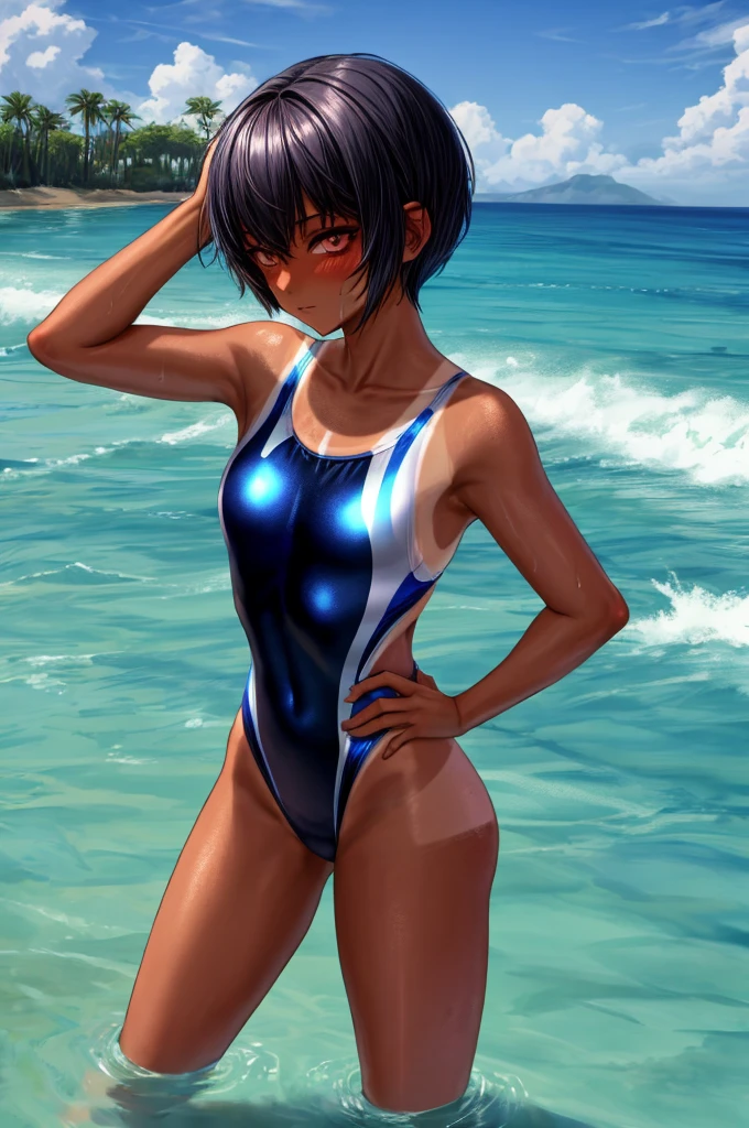 8k, high quality, ultra quality, ultra detailed, Absurd, BREAK 1人の女の子, 18_ years_ old, tomboy, BREAK (muscle:0.5), (Black Hair, Pixie Cut Tan, Sunburn lines, Dark skinned women, Dark Skin:1.3), (chest, gigantic chest, Perfect hands, perfect fingers:1.2), shiny hair, shiny skin, oily, BREAK (competition swimsuit:1.4), pleased, (1girl standing, cowboy shot:1.2), (contrasted, One hand on hip:1.3), outside, beach, evening, (ass pov), (from above, high angle, looking ahead:1.3), 