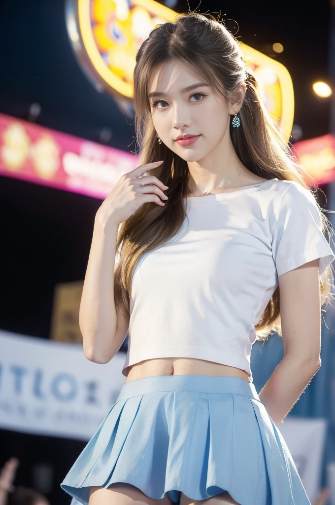 (((best quality))),(((ultra detailed))),(((masterpiece))),illustration,((a beautiful girl,solo)),(shoulder length straight hair:1.2),((slim,thin)),((small breasts,flat chest,claviclis,navel)),(blue short-sleeved white shirt:1.5),(blue mini-skirt:1.3),(slender legs:1.2),(standing:1.3),(on the stage:1.3),((outside a shopping mall, at the entrance of a beer promotional event)),((surrounded by crowded crowds)),((hair and skirt fluttering in the air)),expressive eyes,infectious smile,the stage adorned with colorful decorations,vibrant atmosphere,(night scene:1.3),(from front:1.3),(upper body:1.3),
