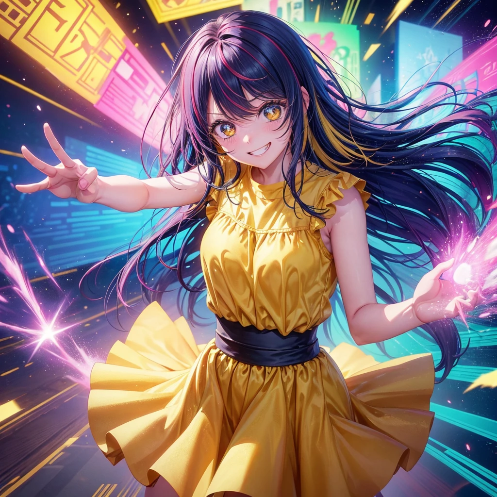 Create an anime-style image of a clumsy and naturally awkward girl with bright yellow hair. She should be wearing a cute, casual yellow outfit, such as a dress or a top with a skirt. Depict her in a moment where she is tripping or stumbling, showing a panicked and embarrassed expression, but also shyly smiling with her teeth showing in an awkward, bashful grin. Her hair is styled in a playful, slightly messy fashion. The background should be lively and fun, with bright colors and dynamic elements that emphasize her clumsiness. Add small, amusing details around her, like scattered items she has knocked over, to enhance the playful and whimsical atmosphere. Ensure that she is the only character in the image, making her the clear focus of the scene. Make sure the overall image is vibrant and engaging, suitable for use as a thumbnail.