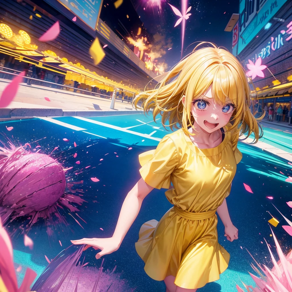 Create an anime-style image of a clumsy and naturally awkward girl with bright yellow hair. She should be wearing a cute, casual yellow outfit, such as a dress or a top with a skirt. Depict her in a moment where she is tripping or stumbling, showing a panicked and embarrassed expression, but also shyly smiling with her teeth showing in an awkward, bashful grin. Her hair is styled in a playful, slightly messy fashion. The background should be lively and fun, with bright colors and dynamic elements that emphasize her clumsiness. Add small, amusing details around her, like scattered items she has knocked over, to enhance the playful and whimsical atmosphere. Ensure that she is the only character in the image, making her the clear focus of the scene. Make sure the overall image is vibrant and engaging, suitable for use as a thumbnail.