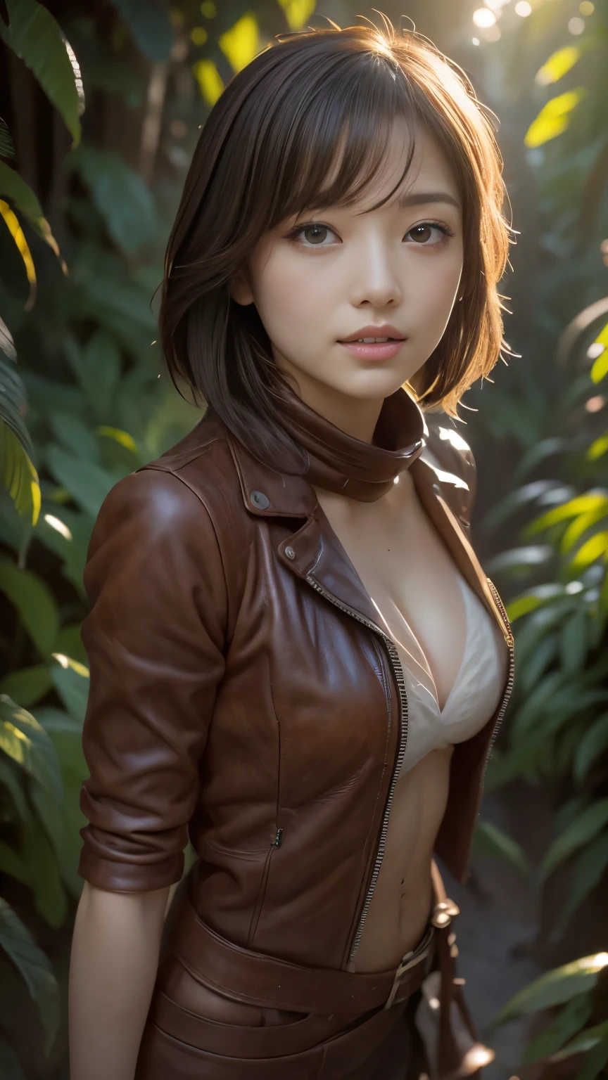 digital portrait、realistic depiction of the human body、RAW photo、one girl、gentle gray eyes、plump lips、An ennui look、huge firm bouncing busts、shortcut、(((複雑な構造のExplorerのジャケット, hot pants, Leather long boots)))、highest quality、super resolution、master piece:1.5、medium depth of field、50ｍｍlens、cinematic lighting、Backlight、professional photographer、deep jungle, Explorer, Beast, indiana jones, Tokyo Disney land: Jungle Cruise,