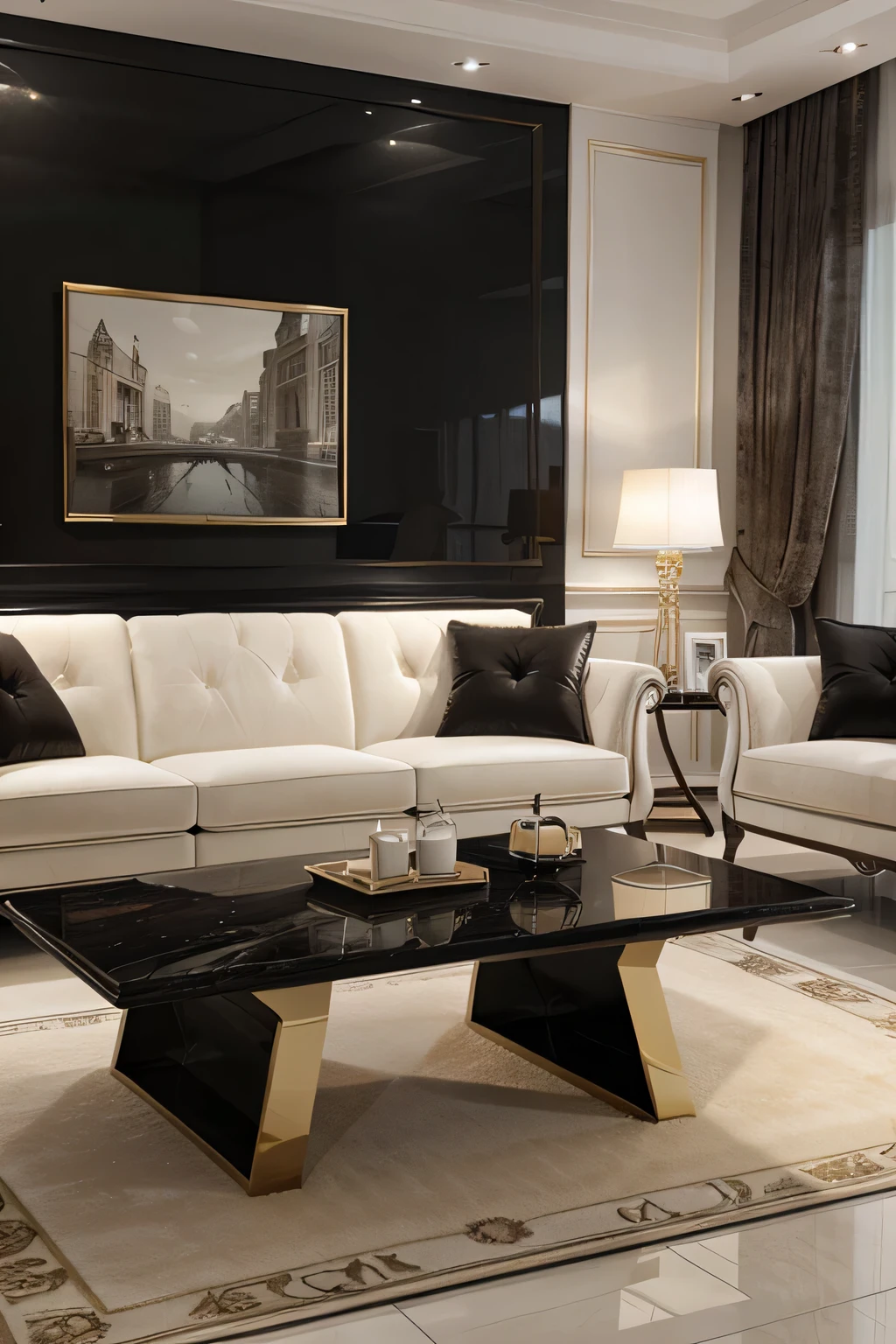 Professional 3D architecture rendering design of modern and French light cream velvet sofa with black slab stone middle table and high details and quality