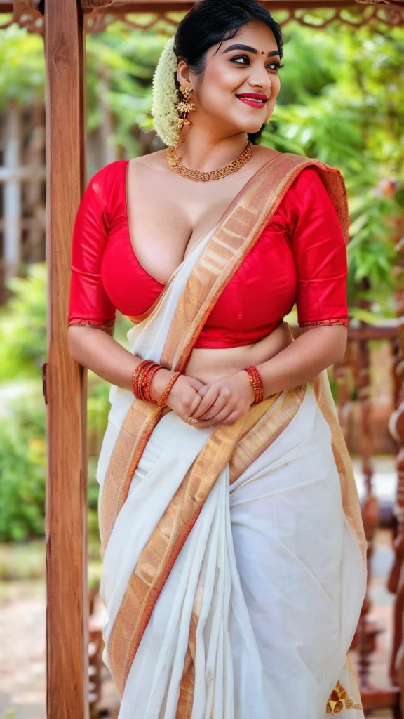  Indian woman masterpiece, best quality, ultra-detailed, (warm hue, warm tone: 1.2), wearing colorful saree big hook  blouse, 20 years old, (((big tits1.8))),((Huge breasts 1.6)),(((Plump body 1.8))),  (Indian instagram photo, Wearing hook blouse closeup face photo of 23 y.o Chloe in kebaya, Red Lipstick, sensual Lipstick, Sensational Make Up, cleavage, pale skin, (smile:0.4), hard shadows, White G-STRING, bright lighting 