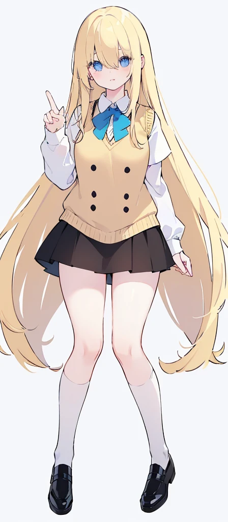(((Long blonde Beautiful Hair))),blonde hair,kawai,(((Eyes visible from bangs,hair over eyes:1.3))),,Huge breasts,(Blue color eyes),,(blue slanted eyes),1girl in,bangs,long blonde hair, pantyhose,Cowboy Shot,white background,short hair,smiled,(Wearing a white cream colored hodie), (Wearing a Korean style brown vest), ((Wearing a short black skirt that reaches above the thighs)) Bangs should be long to the tip of the chin...(((Free hand pose))), background white room, Perfect arm fingers,,, 1 girl, ((The image must match the tag)) Bangs almost cover the eyes full body (The character's entire body from top to bottom is completely visible) Must wear a cream colored hodie ((must wear a Korean style brown vest)) a female student (Kawai) must wear a short black skirt Must wear a cream colored hodie ((must wear a Korean style brown vest)) a female student (Kawai) must wear a short black skirt Must wear a cream colored hodie ((must wear a Korean style brown vest)) a female student (Kawai) must wear a short black skirt Must wear a cream colored hodie ((must wear a Korean style brown vest)) a female student (Kawai) must wear a short black skirt (Wearing shiny black shoes) (Ves short)