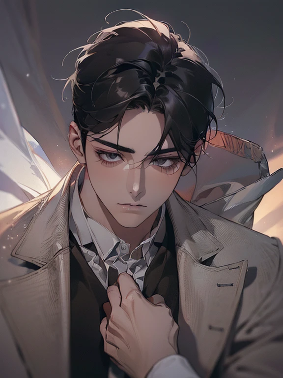 (best quality digital art digital illustration 4k high resolution beautiful image hyper-detailed image perfect lines soft lighting night environment focus face soft zoom) (1:1 photorealistic) (neutral colors hdr 1.4) a young adult man (thoughtful expression) black and white modern clothes black eyes medium black hair