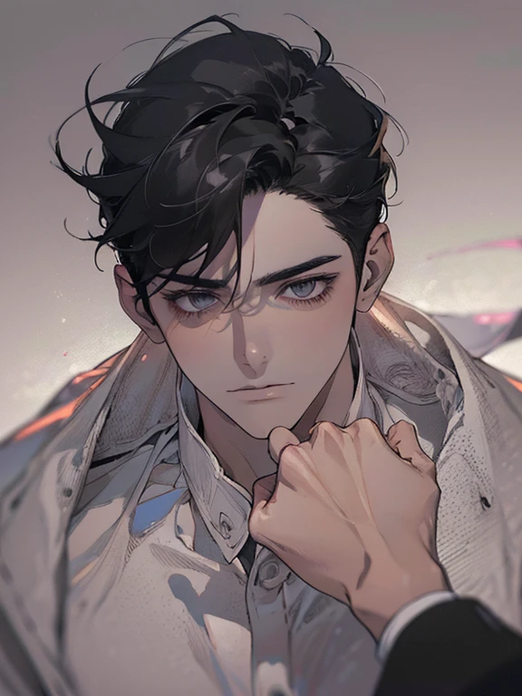 (best quality digital art digital illustration 4k high resolution beautiful image hyper-detailed image perfect lines soft lighting night environment focus face soft zoom) (1:1 photorealistic) (neutral colors hdr 1.4) a young adult man (thoughtful expression) black and white modern clothes black eyes medium black hair
