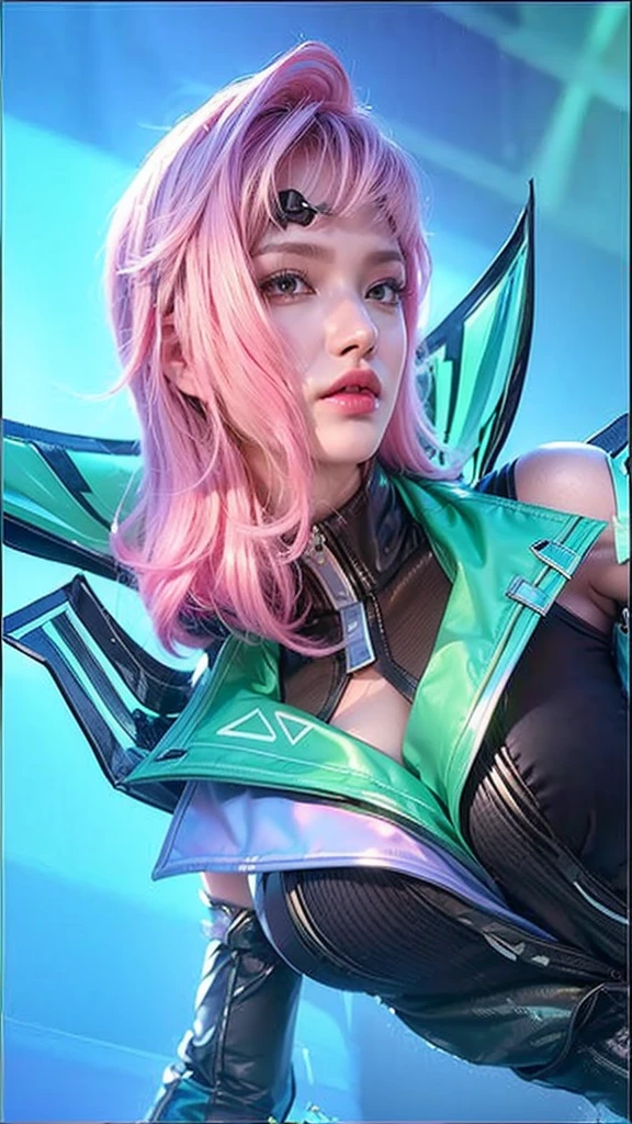 (masterpiece, 8k, RAW photo, photorealistic:1.25) ,( lipgloss, eyelashes, gloss-face, glossy skin, best quality, ultra highres, depth of field, chromatic aberration, caustics, Broad lighting, natural shading, smooth face, smooth skin) shiny pink hair, bluish white eyes, cool clothes like a model, window on the shirt, dark lips, maturentina from mobile legend bang bang