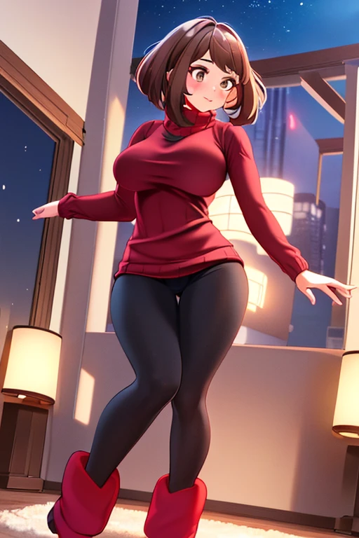 (extremely detailed CG unity 4k wallpaper),(masterpiece),(best quality),(ultra-detailed),(best illustration),(best shadow),(absurdres),(detailed background), 1girl, solo, Imagine Ochaco Uraraka being a 45 year old mother, MILF, brown hair, brown eyes, blush stickers, short hair, Mature Face, brown hair, brown eyes, blush stickers, short hair, medium breasts, curvy female, thick thighs, voluptuous female,((Wearing: red turtle-neck sweater, black leggings and ugg boots)), indoors, detailed background, living room, wide shot, (Standing:1.2)
