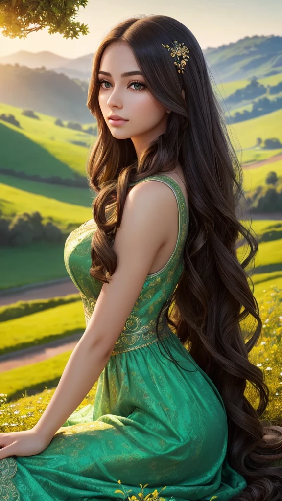 a beautiful young woman, 1girl, beautiful detailed eyes, beautiful detailed lips, extremely detailed eyes and face, long eyelashes, elegant beautiful woman, beautiful long hair, intricate detailed hair, photorealistic, 8k, high quality, masterpiece, cinematic lighting, golden hour lighting, warm colors, natural lighting, serene, peaceful, tranquil, idyllic, picturesque countryside, lush green nature, rolling hills, vibrant colors, scenic, atmospheric, dreamlike, magical realism